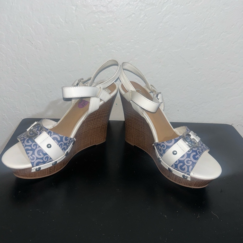 Stylish White and Blue Wedge Sandals